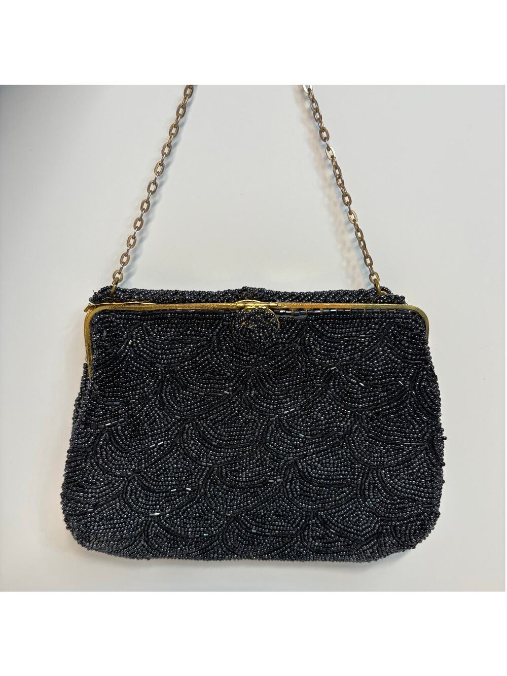 Vintage Black Beaded Evening Bag Gold Chain Handle Purple Silk Lining